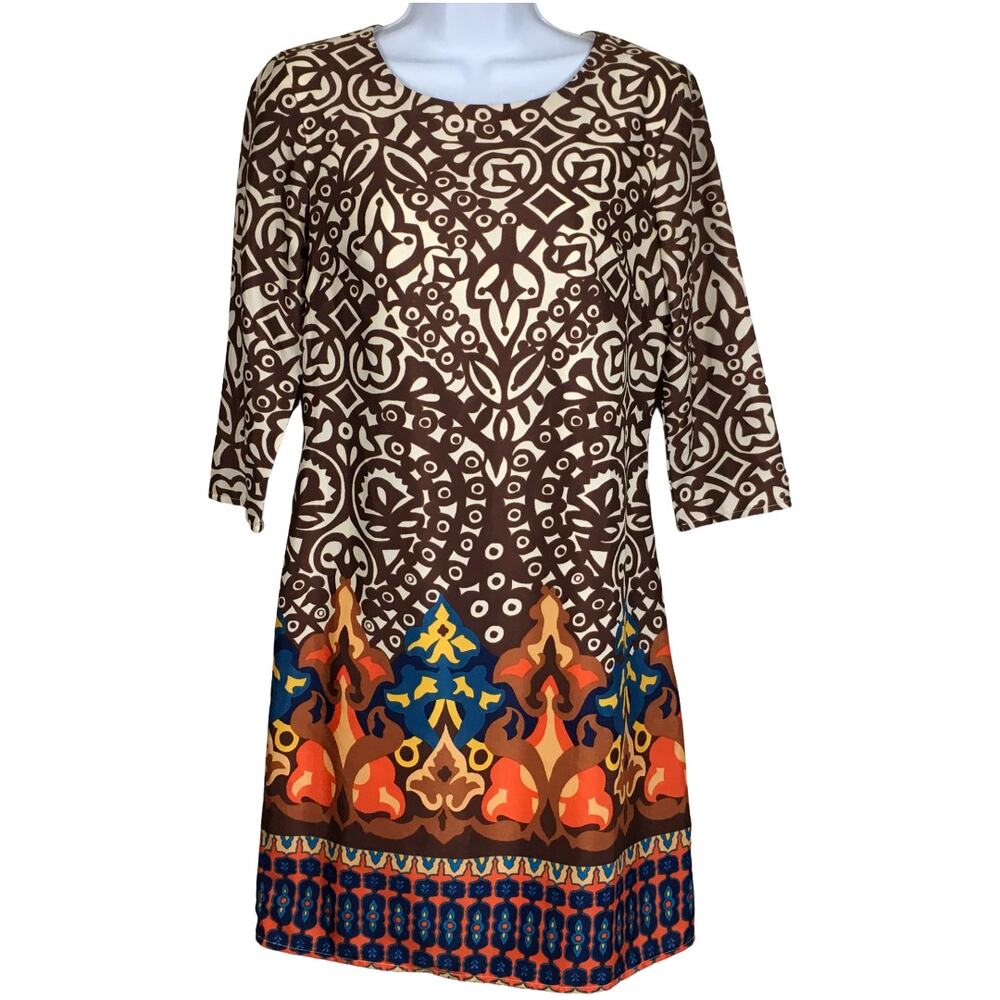Karlie Shift Dress 3/4 Sleeve Geometric Mixed Print Women's S Brown Orange Blue